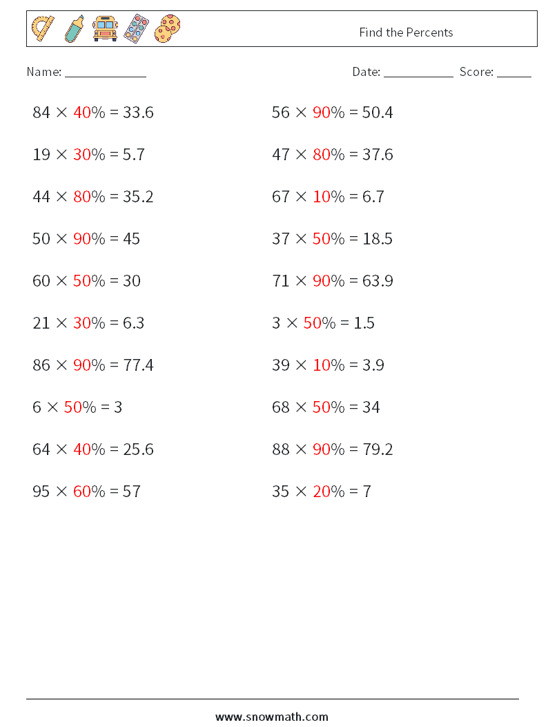 Find the Percents Math Worksheets 9 Question, Answer