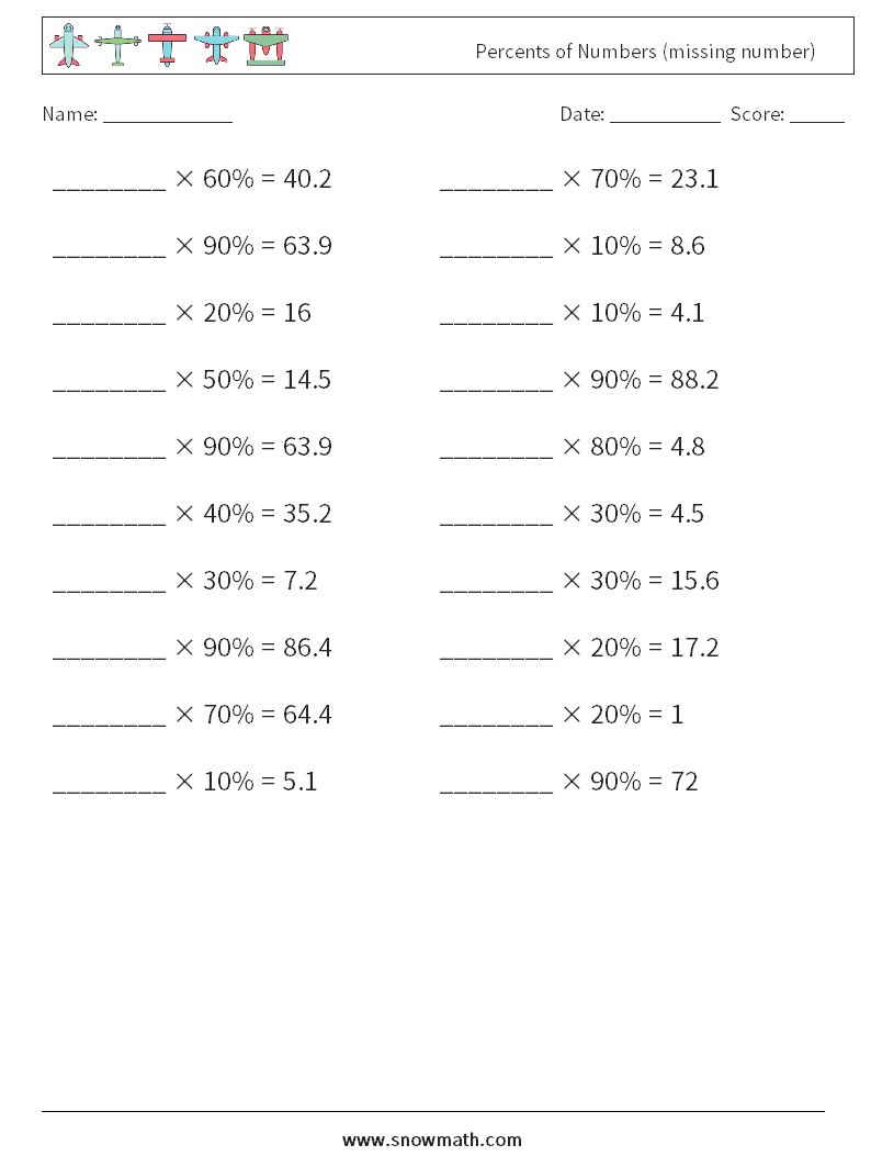 Percents of Numbers (missing number) Math Worksheets 1