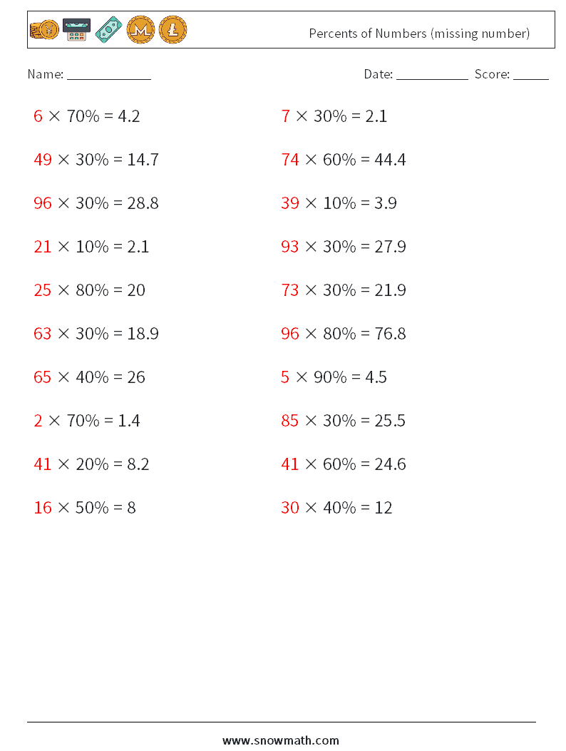 Percents of Numbers (missing number) Math Worksheets 2 Question, Answer