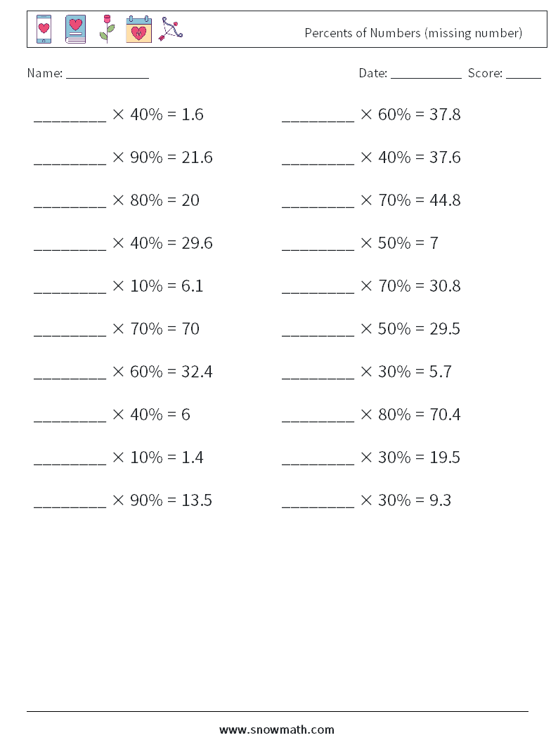 Percents of Numbers (missing number) Maths Worksheets 4