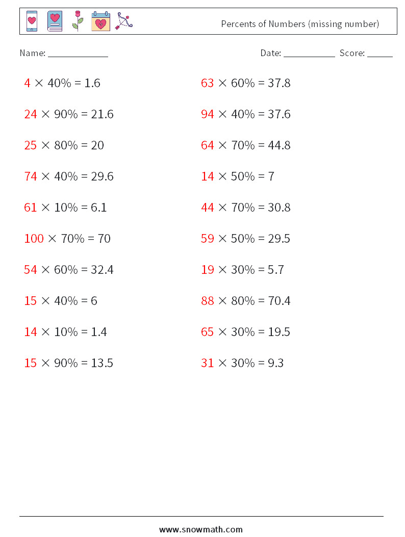 Percents of Numbers (missing number) Math Worksheets 4 Question, Answer