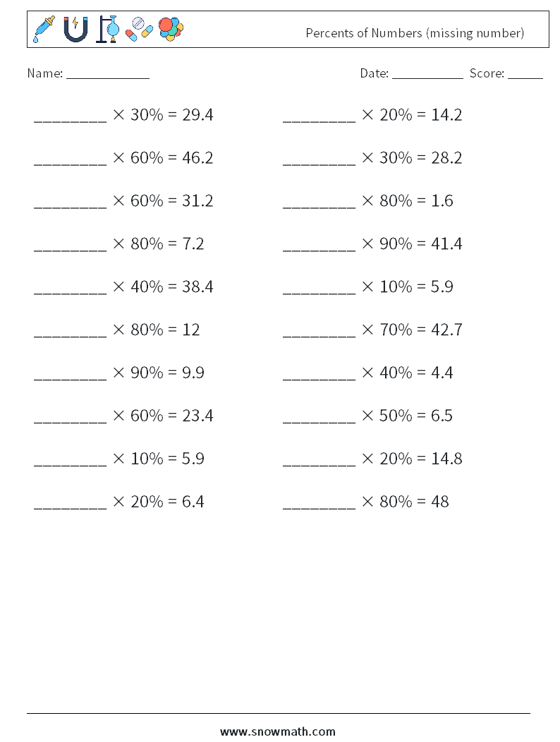 Percents of Numbers (missing number) Maths Worksheets 6