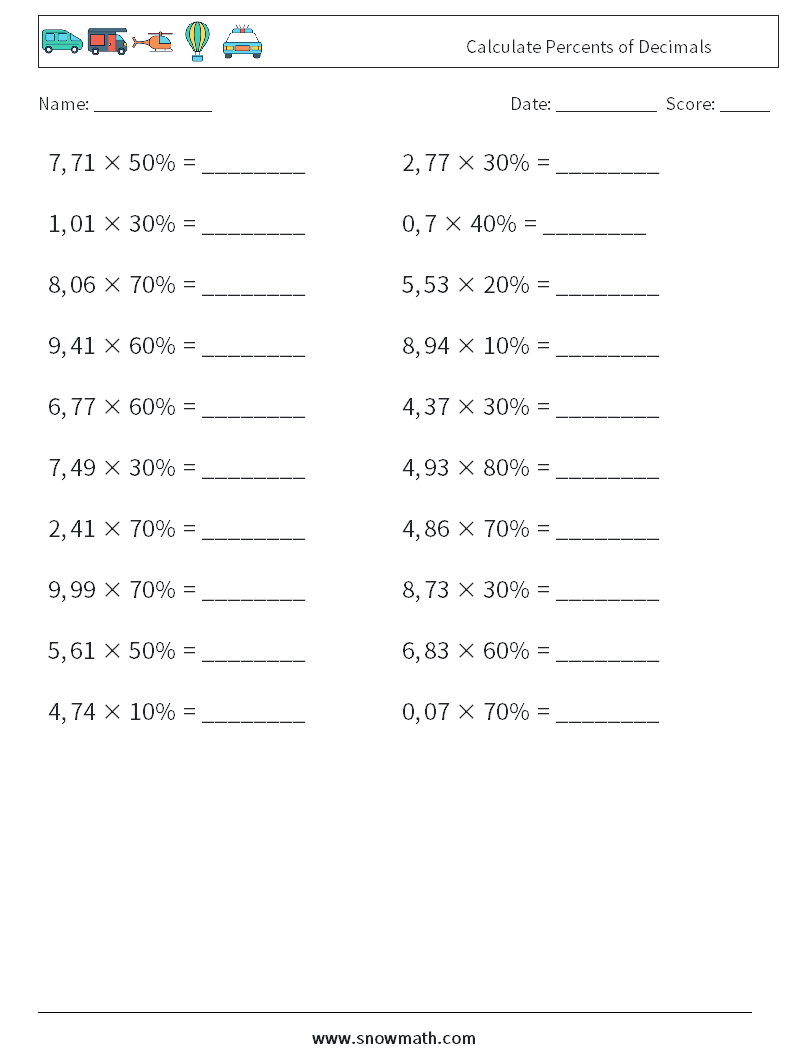 Calculate Percents of Decimals Math Worksheets 1