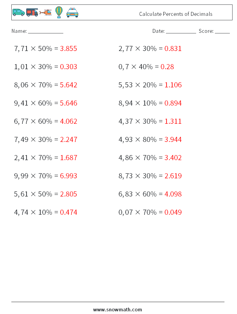 Calculate Percents of Decimals Math Worksheets 1 Question, Answer