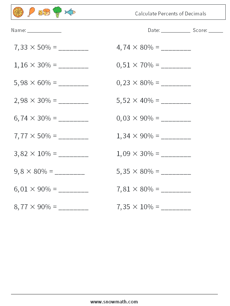 Calculate Percents of Decimals Math Worksheets 2