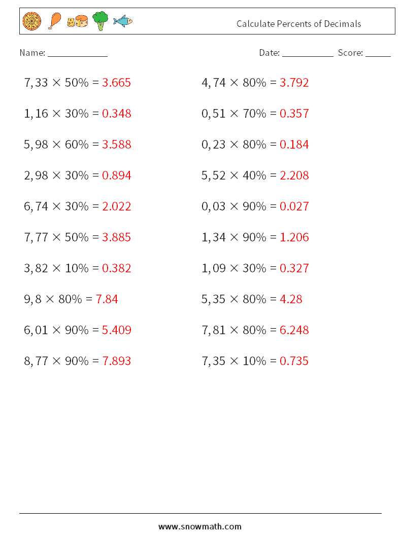 Calculate Percents of Decimals Math Worksheets 2 Question, Answer