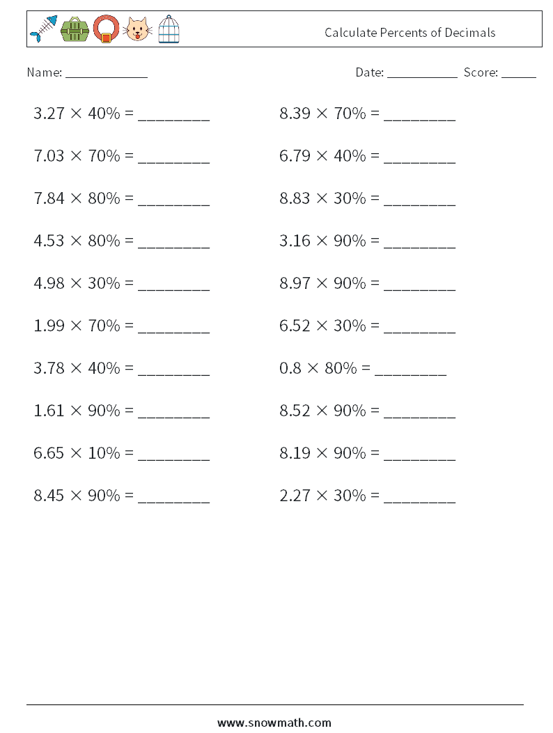 Calculate Percents of Decimals Math Worksheets 3