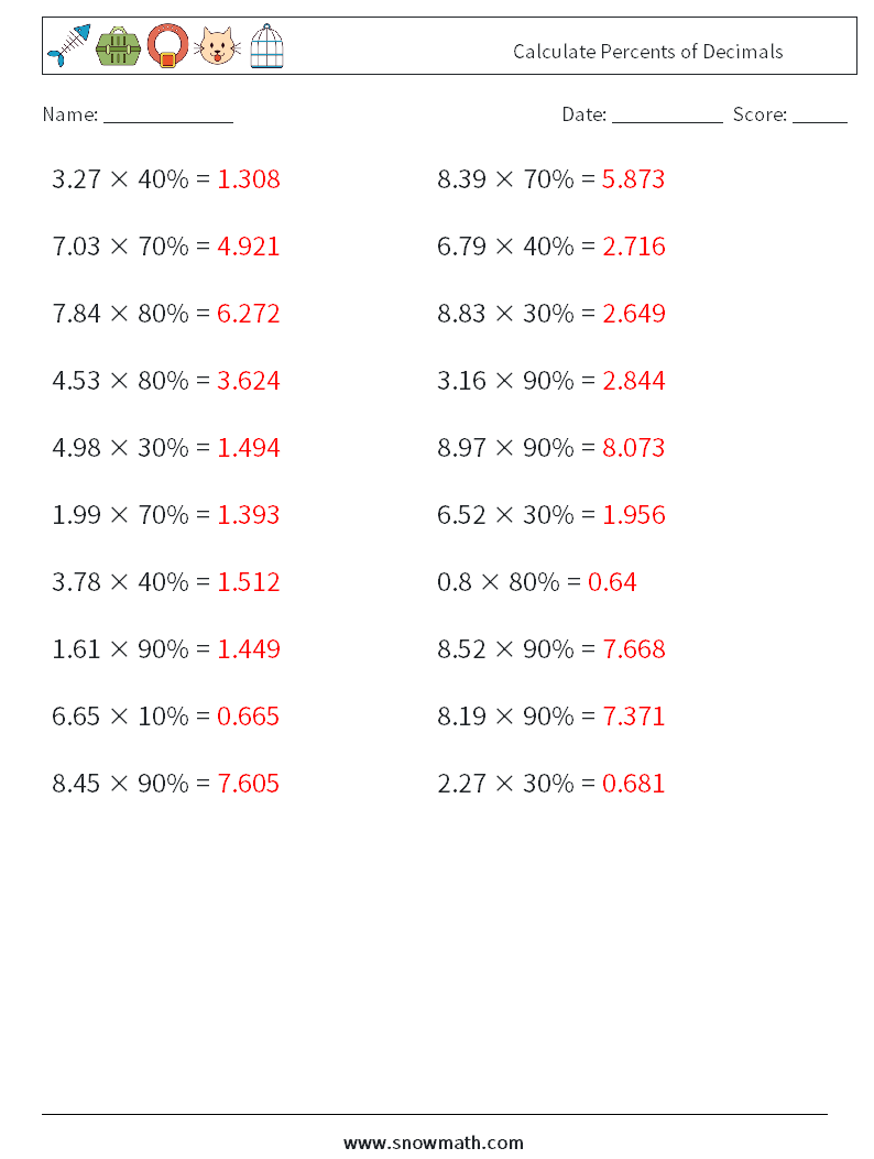 Calculate Percents of Decimals Math Worksheets 3 Question, Answer