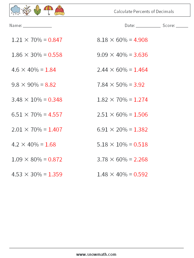 Calculate Percents of Decimals Math Worksheets 4 Question, Answer