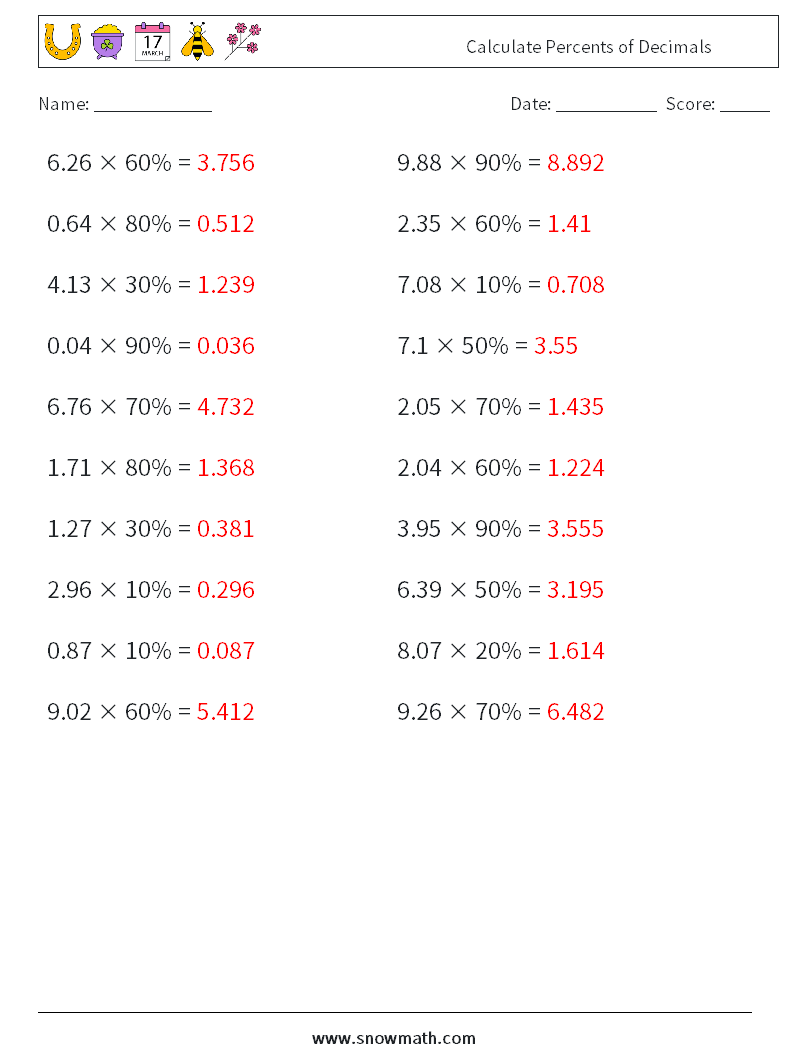 Calculate Percents of Decimals Math Worksheets 5 Question, Answer