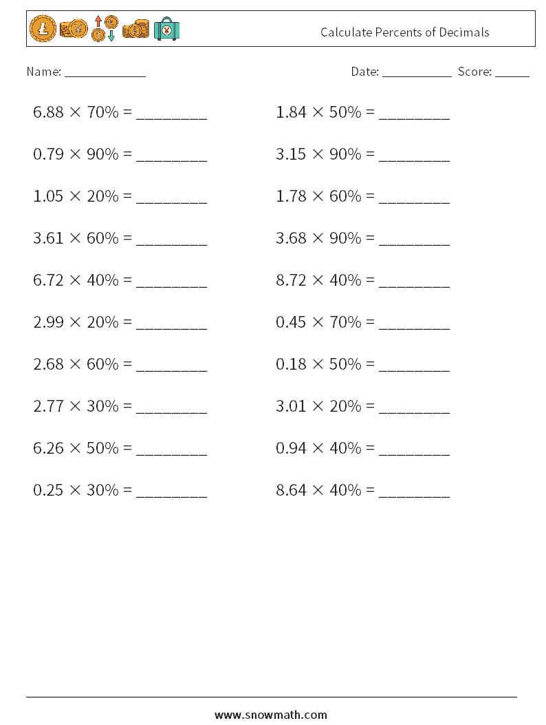 Calculate Percents of Decimals Maths Worksheets 6