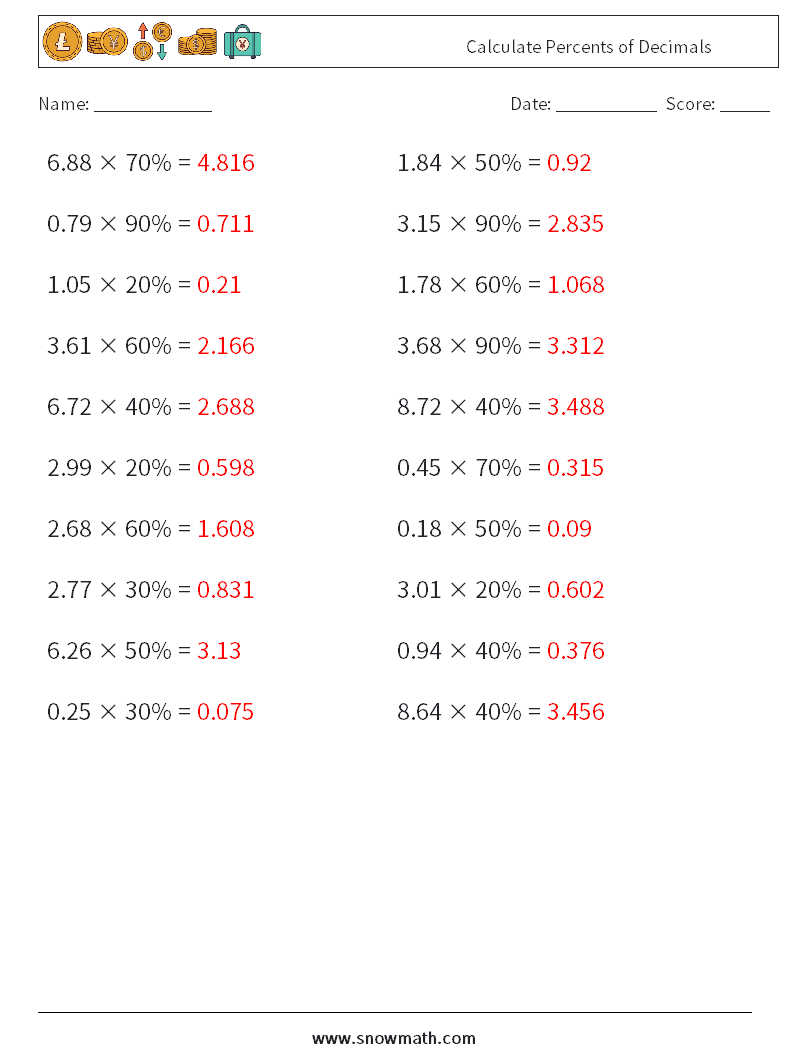 Calculate Percents of Decimals Math Worksheets 6 Question, Answer