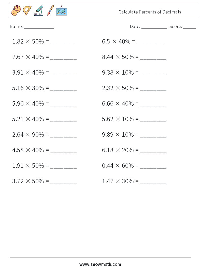 Calculate Percents of Decimals Maths Worksheets 7