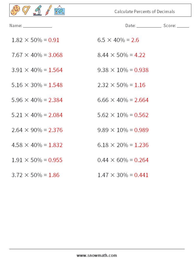 Calculate Percents of Decimals Math Worksheets 7 Question, Answer