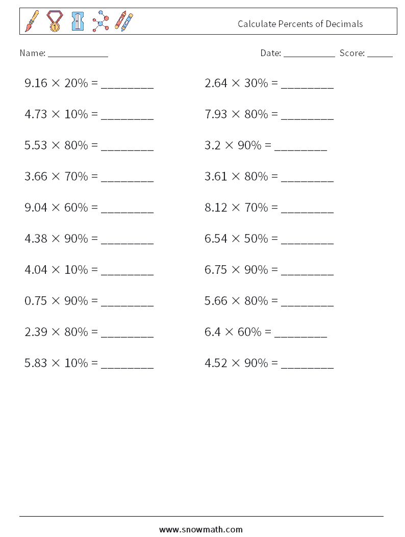 Calculate Percents of Decimals Math Worksheets 9