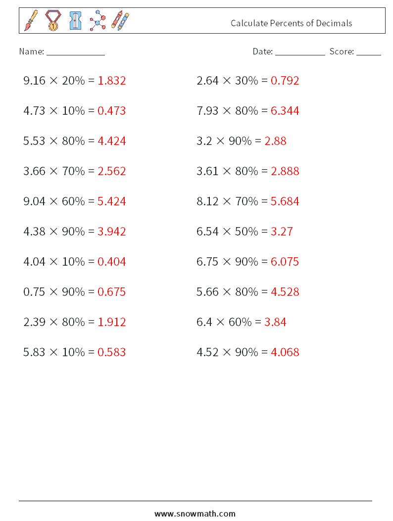 Calculate Percents of Decimals Math Worksheets 9 Question, Answer