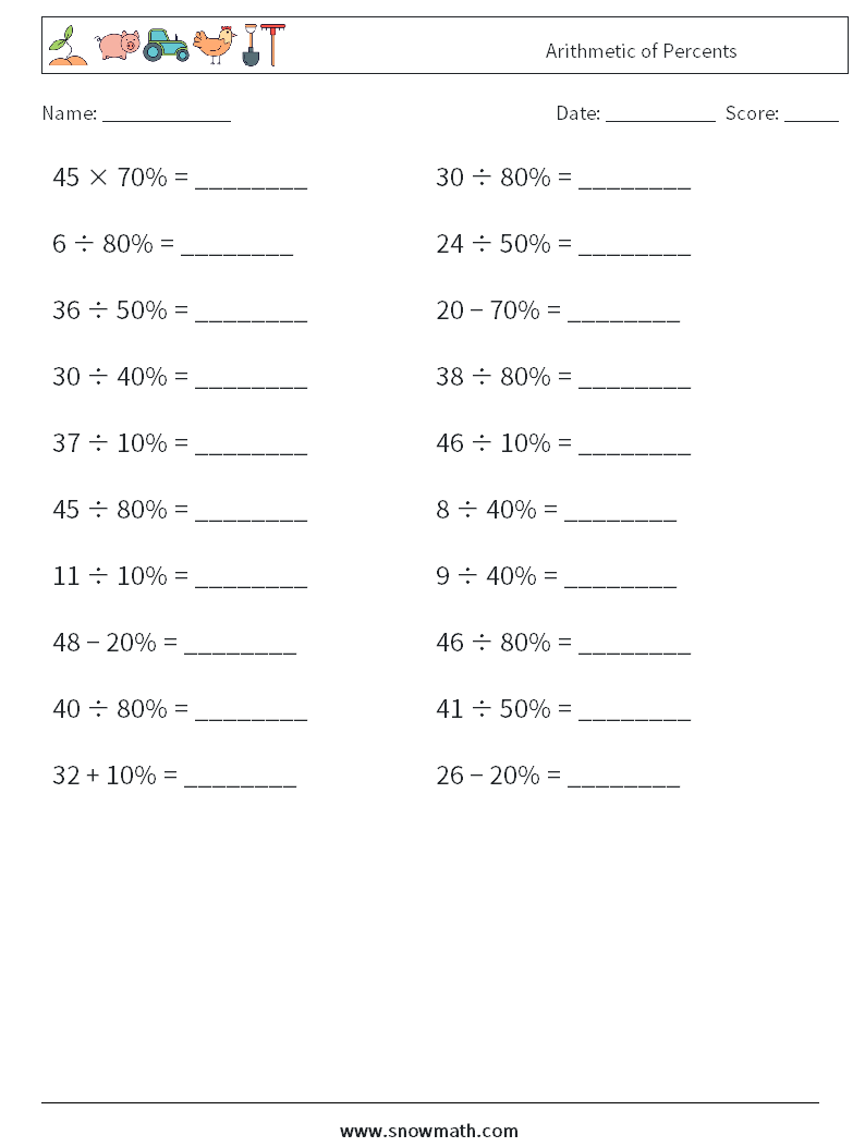 Arithmetic of Percents Math Worksheets 1