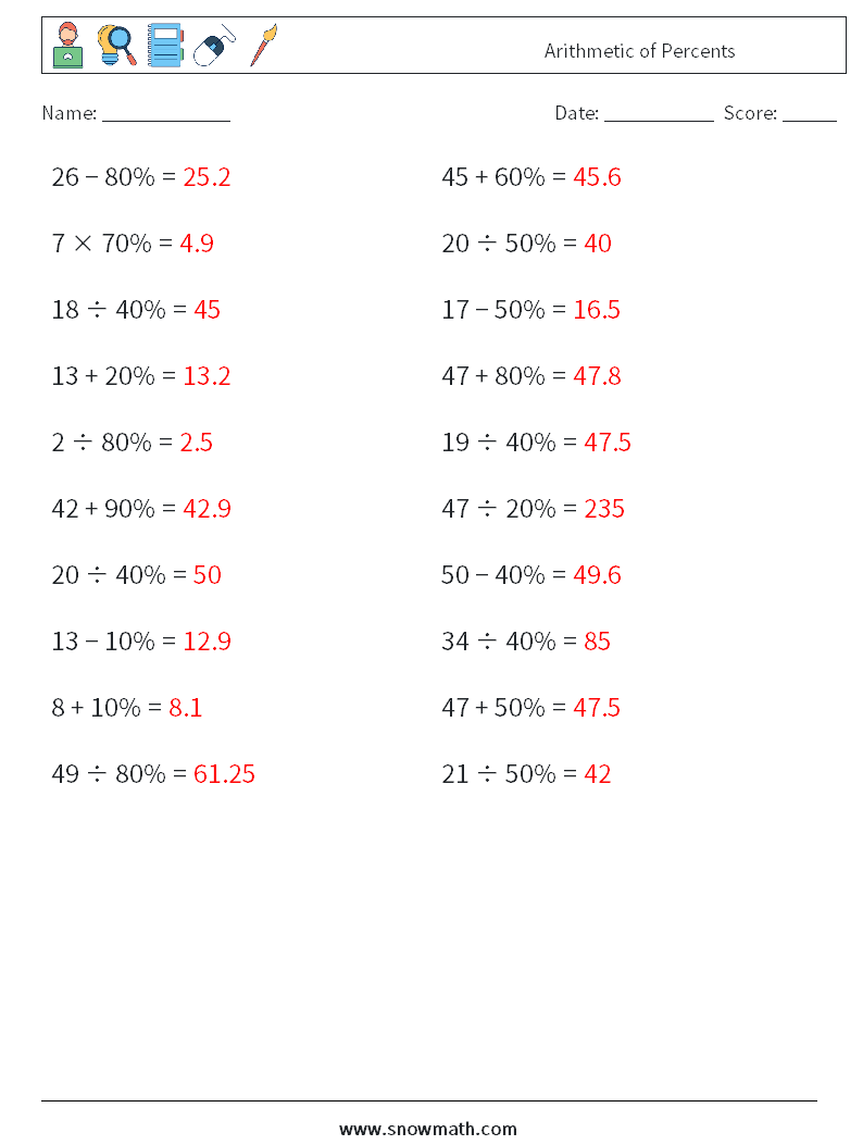 Arithmetic of Percents Math Worksheets 2 Question, Answer
