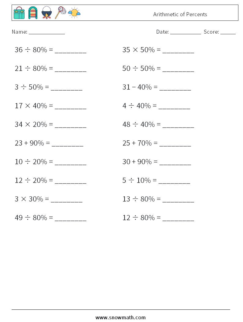 Arithmetic of Percents Math Worksheets 3