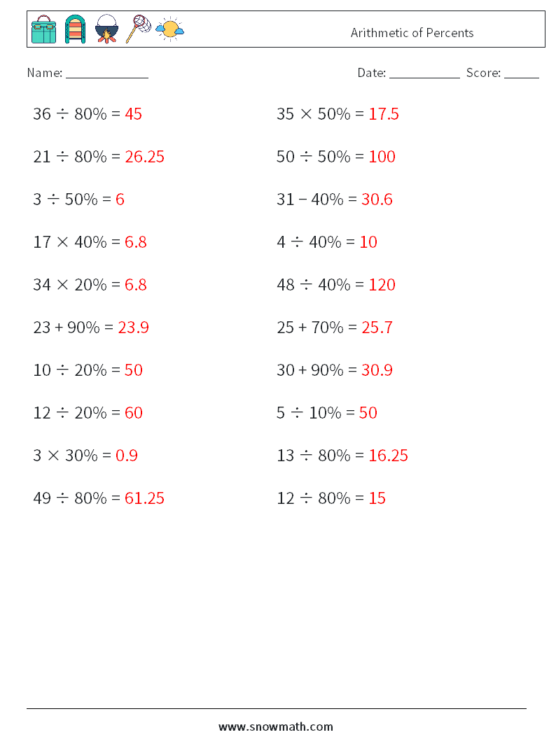 Arithmetic of Percents Math Worksheets 3 Question, Answer