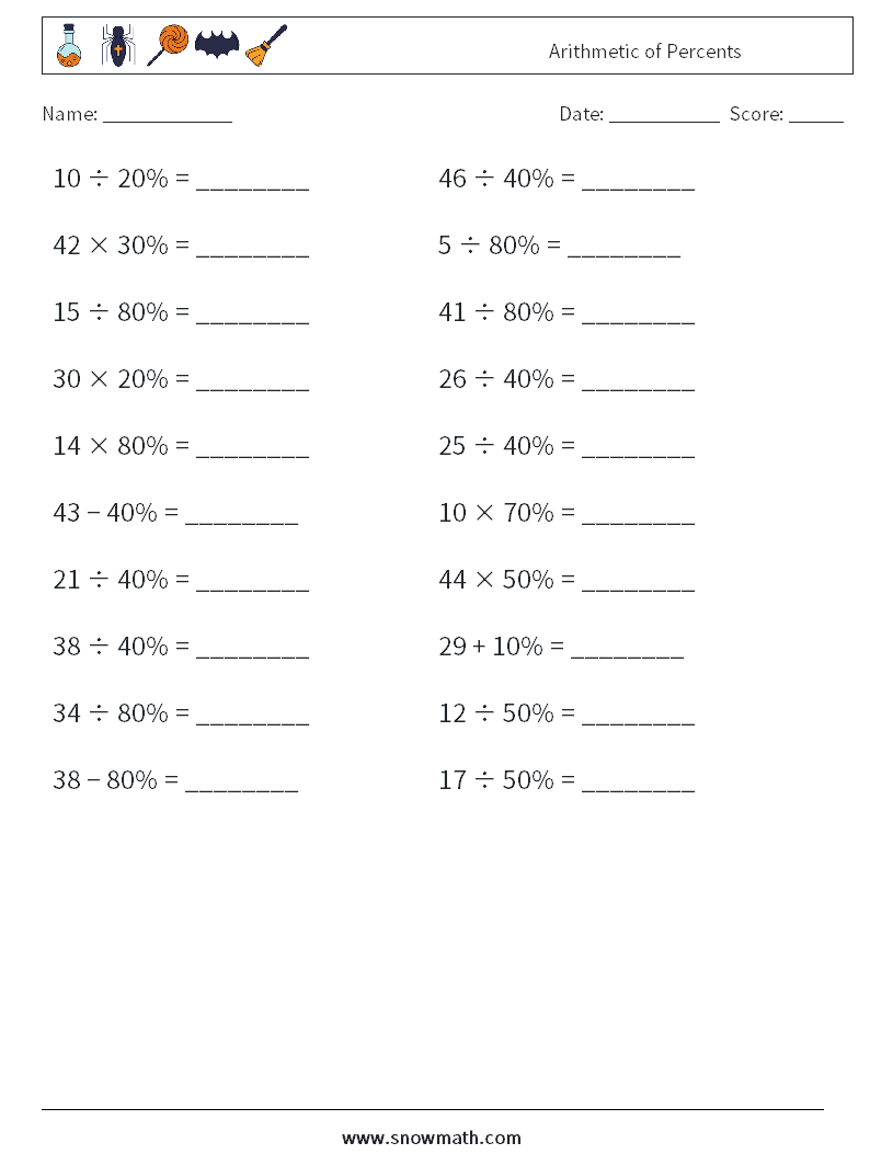 Arithmetic of Percents Maths Worksheets 4