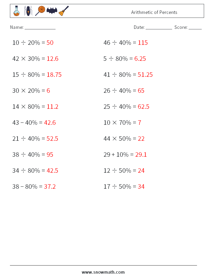 Arithmetic of Percents Math Worksheets 4 Question, Answer