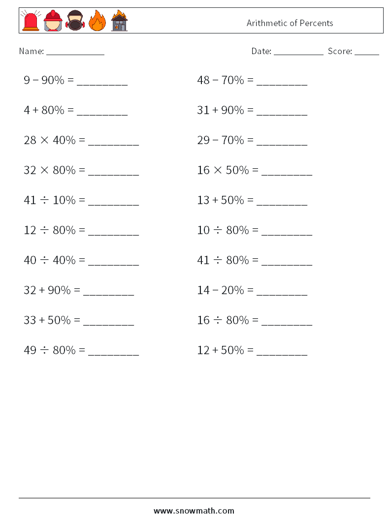 Arithmetic of Percents Math Worksheets 5