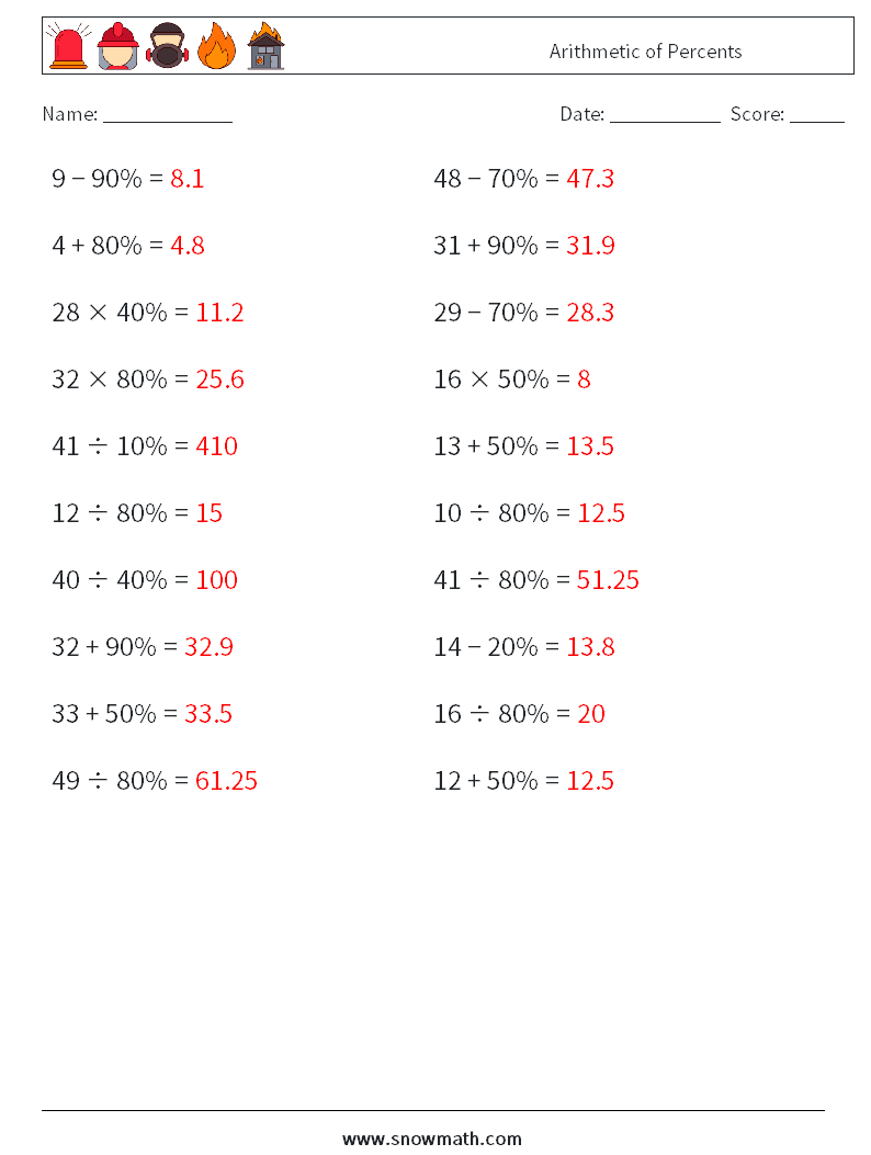 Arithmetic of Percents Math Worksheets 5 Question, Answer