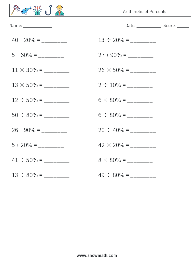 Arithmetic of Percents Math Worksheets 6