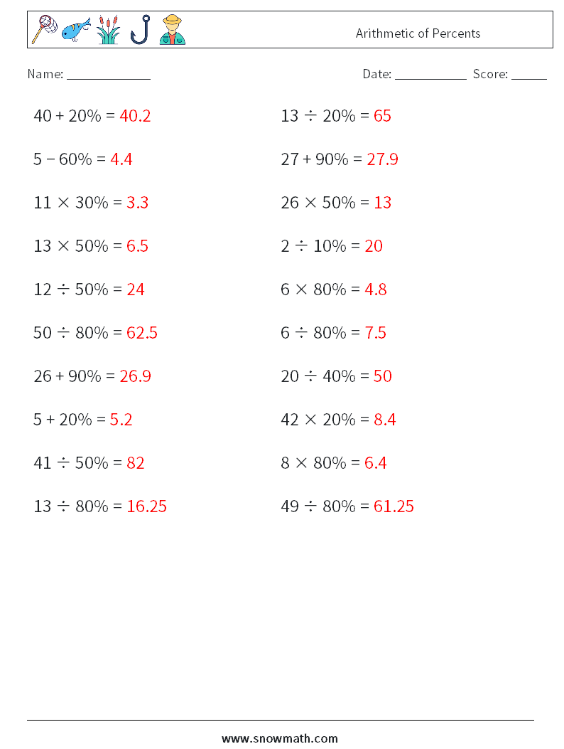 Arithmetic of Percents Math Worksheets 6 Question, Answer