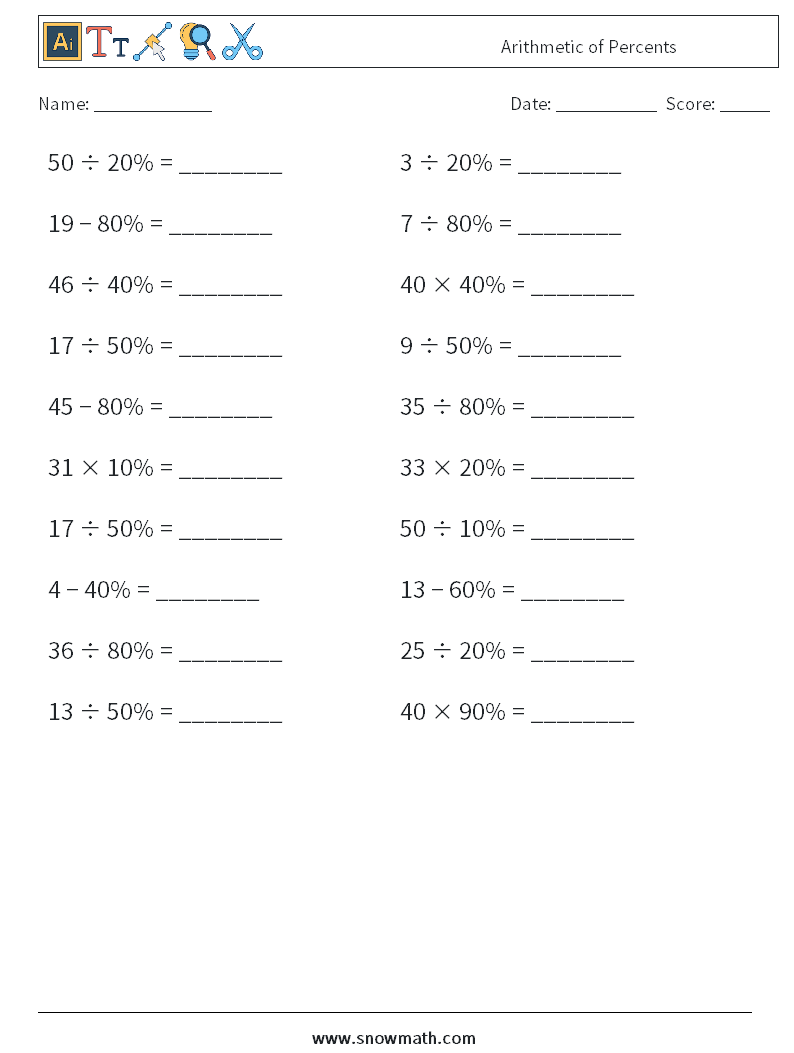 Arithmetic of Percents Math Worksheets 7