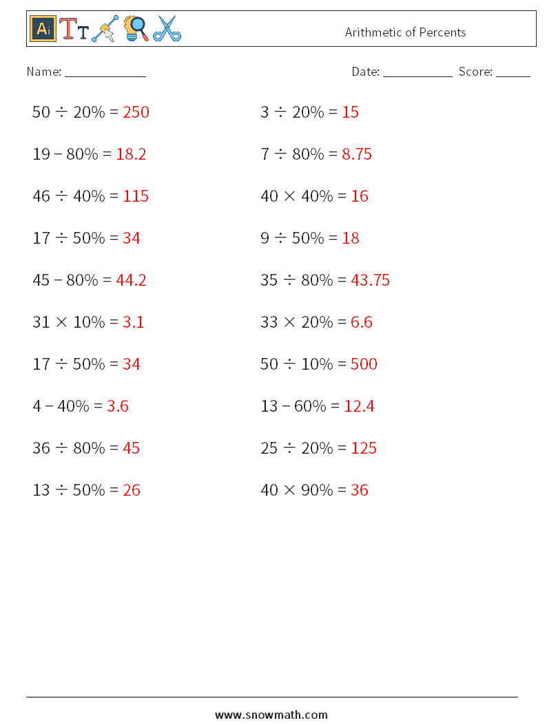 Arithmetic of Percents Math Worksheets 7 Question, Answer