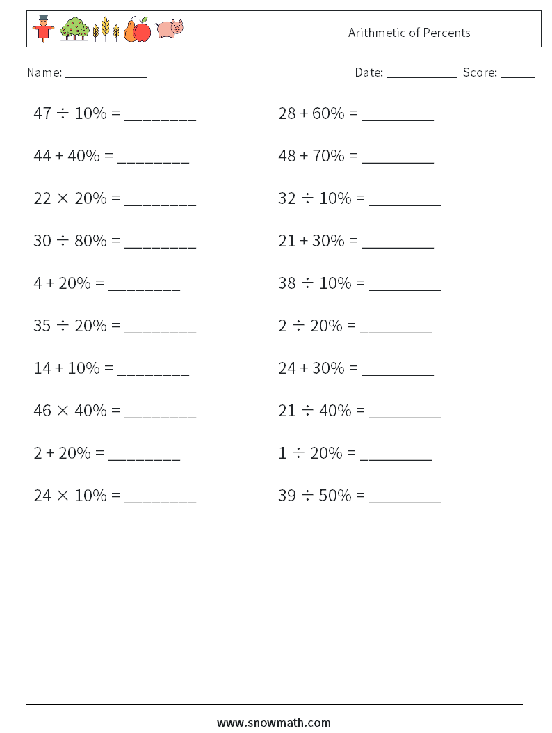 Arithmetic of Percents Math Worksheets 8