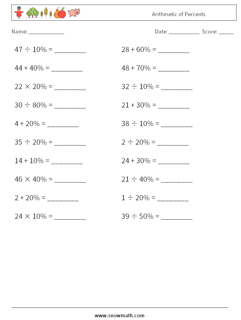 Arithmetic of Percents Maths Worksheets 8