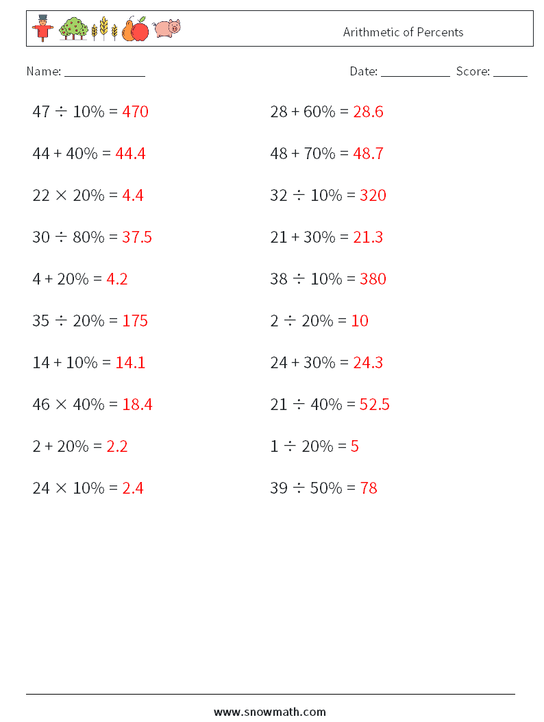 Arithmetic of Percents Math Worksheets 8 Question, Answer