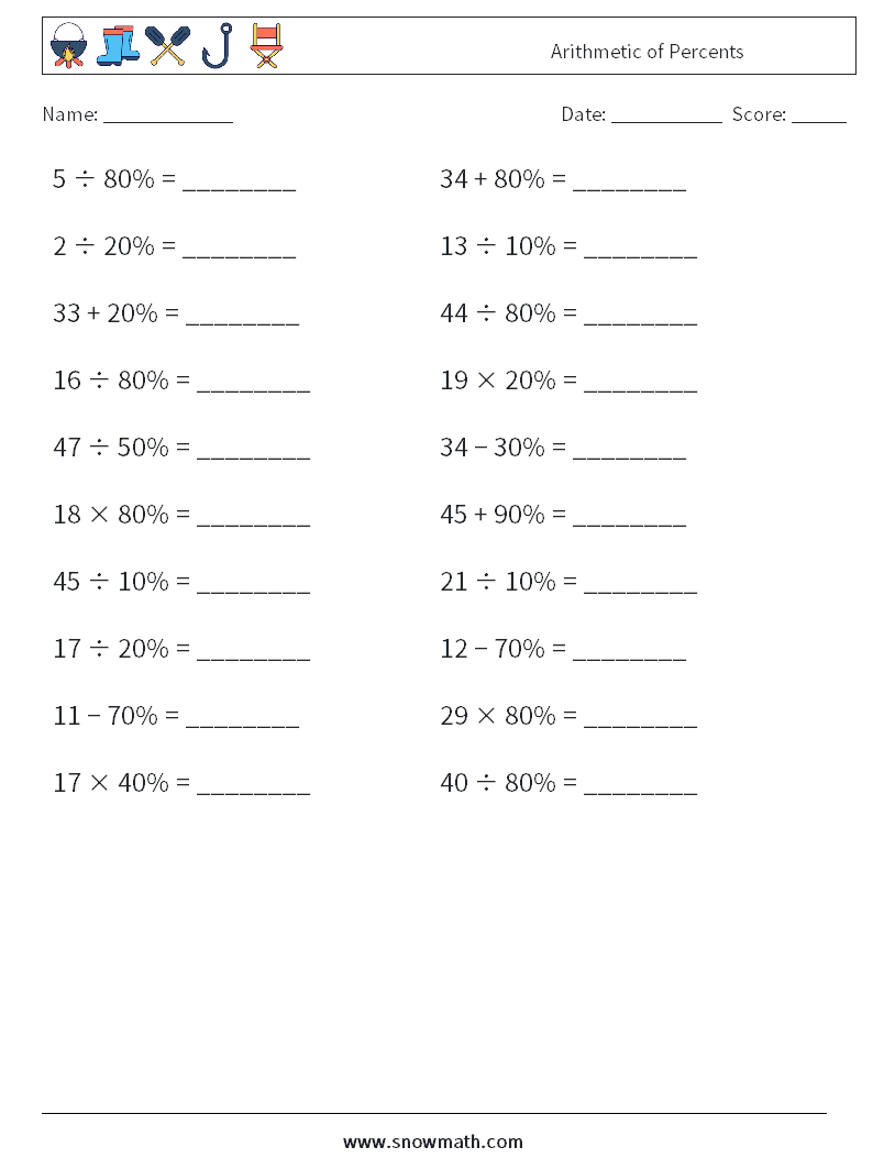 Arithmetic of Percents Math Worksheets 9
