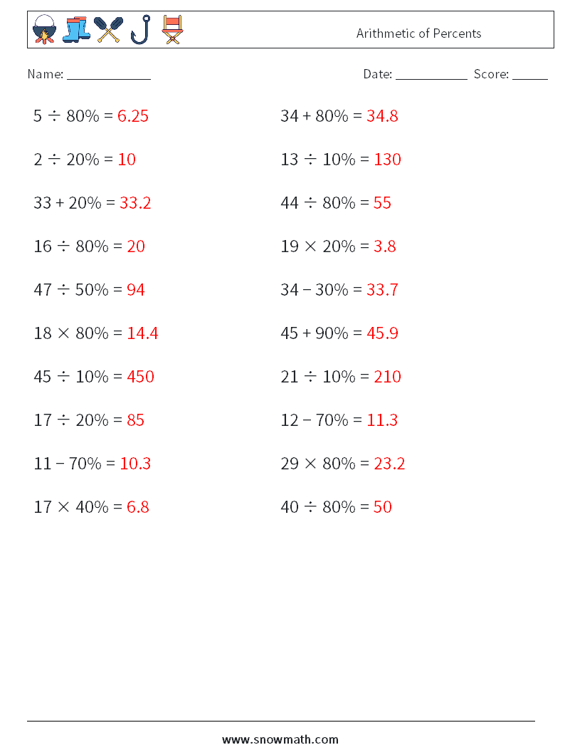 Arithmetic of Percents Math Worksheets 9 Question, Answer