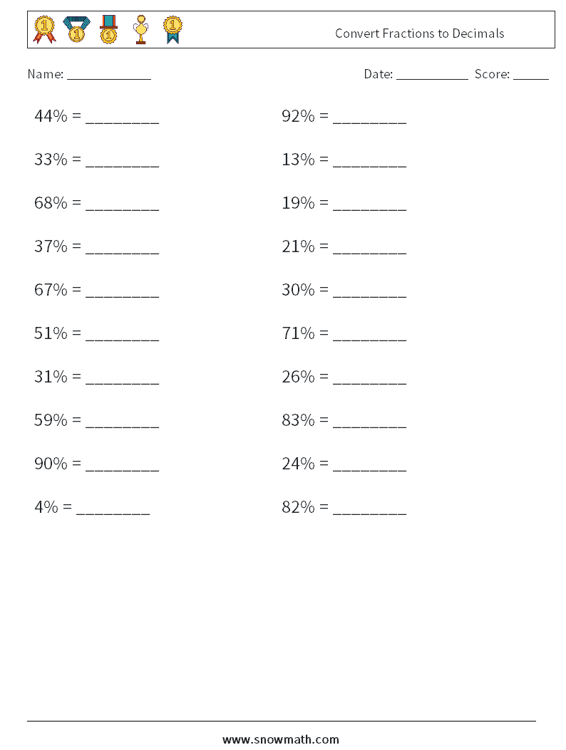 Convert Fractions to Decimals Math Worksheets 1