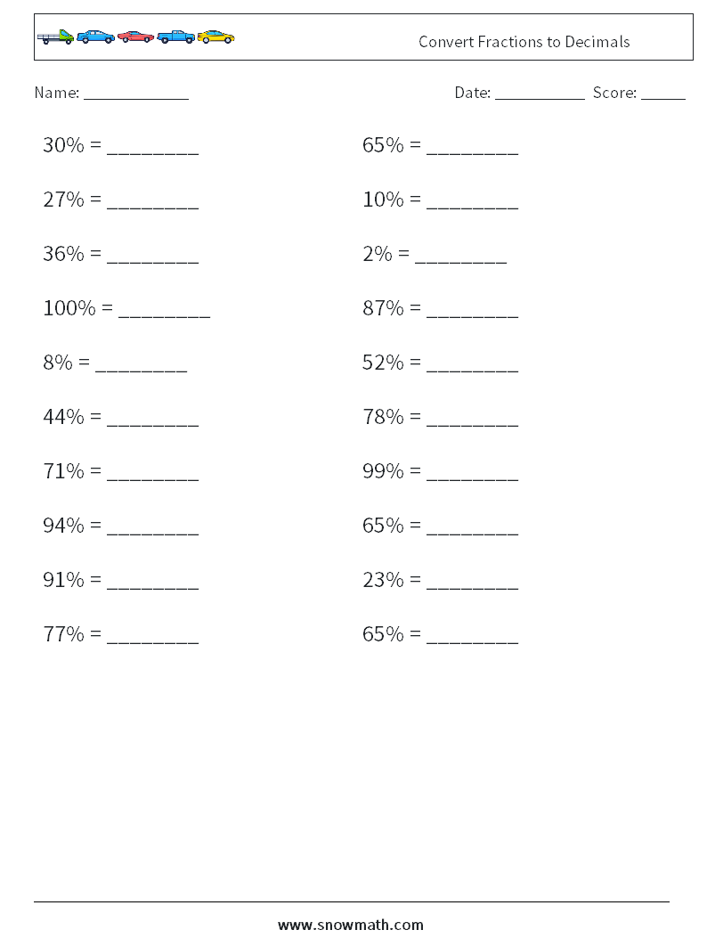 Convert Fractions to Decimals Math Worksheets 4