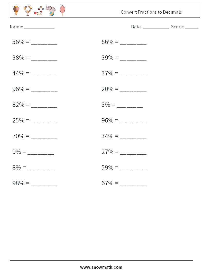 Convert Fractions to Decimals Math Worksheets 5