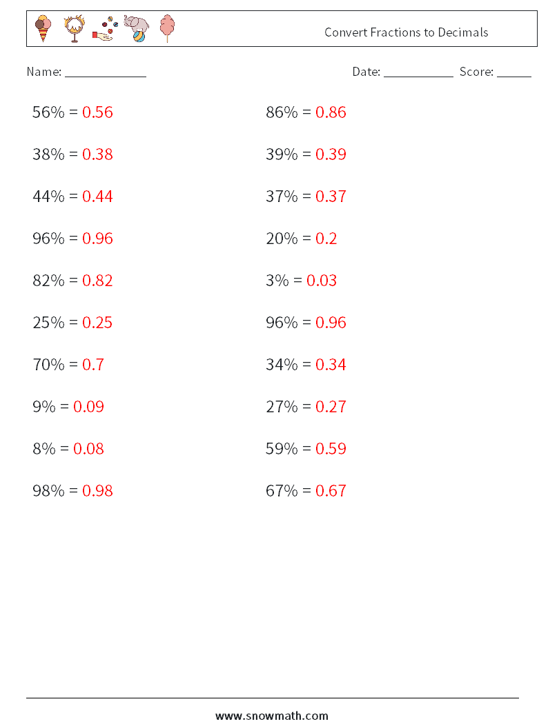 Convert Fractions to Decimals Math Worksheets 5 Question, Answer