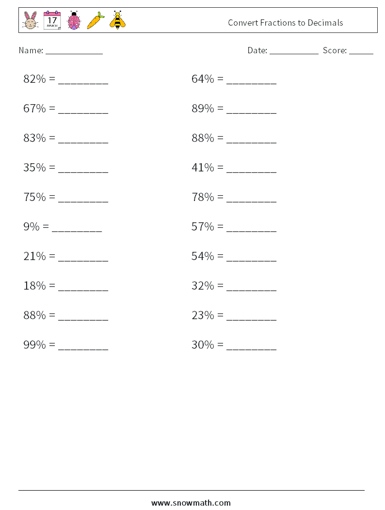 Convert Fractions to Decimals Math Worksheets 9