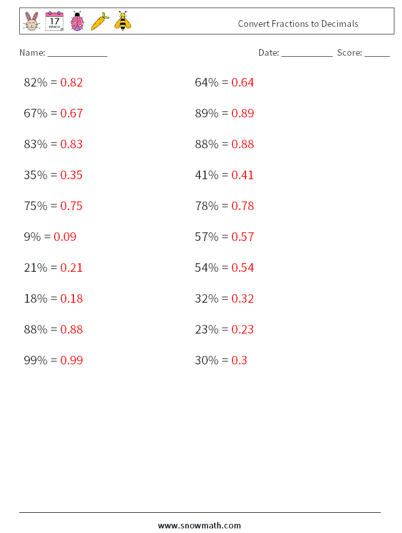 Convert Fractions to Decimals Math Worksheets 9 Question, Answer