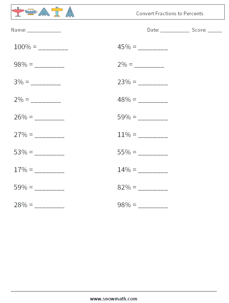 Convert Fractions to Percents Maths Worksheets 1