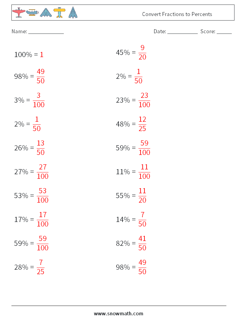 Convert Fractions to Percents Math Worksheets 1 Question, Answer