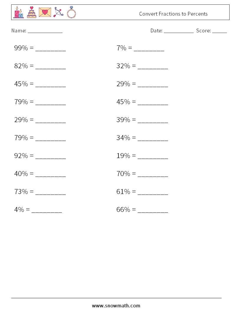 Convert Fractions to Percents Math Worksheets 3