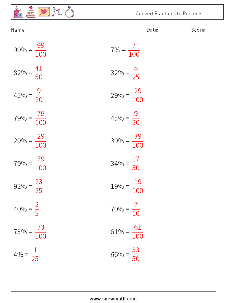 Convert Fractions to Percents Math Worksheets 3 Question, Answer