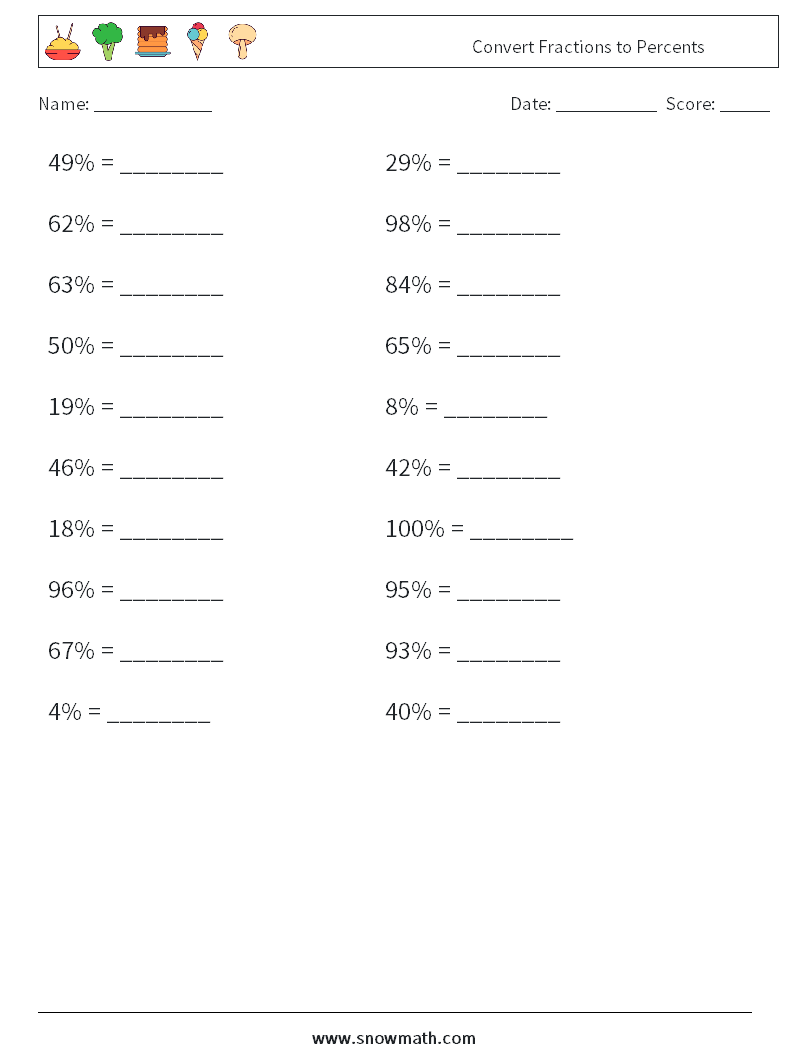 Convert Fractions to Percents Maths Worksheets 4