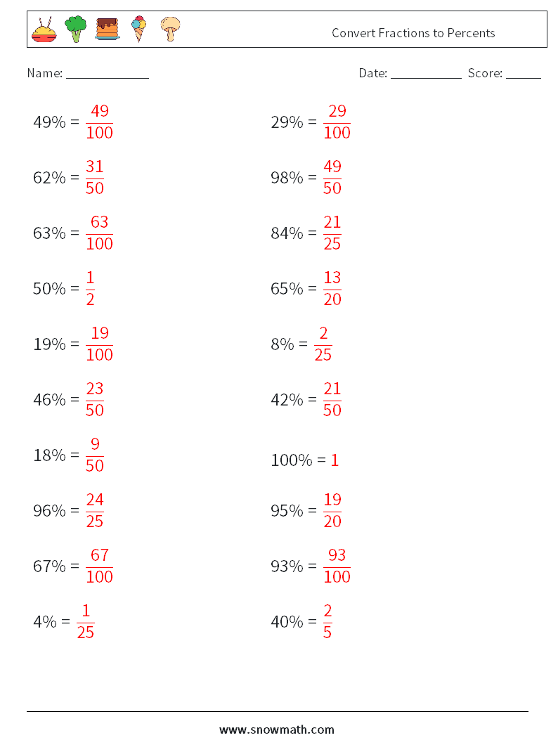 Convert Fractions to Percents Math Worksheets 4 Question, Answer