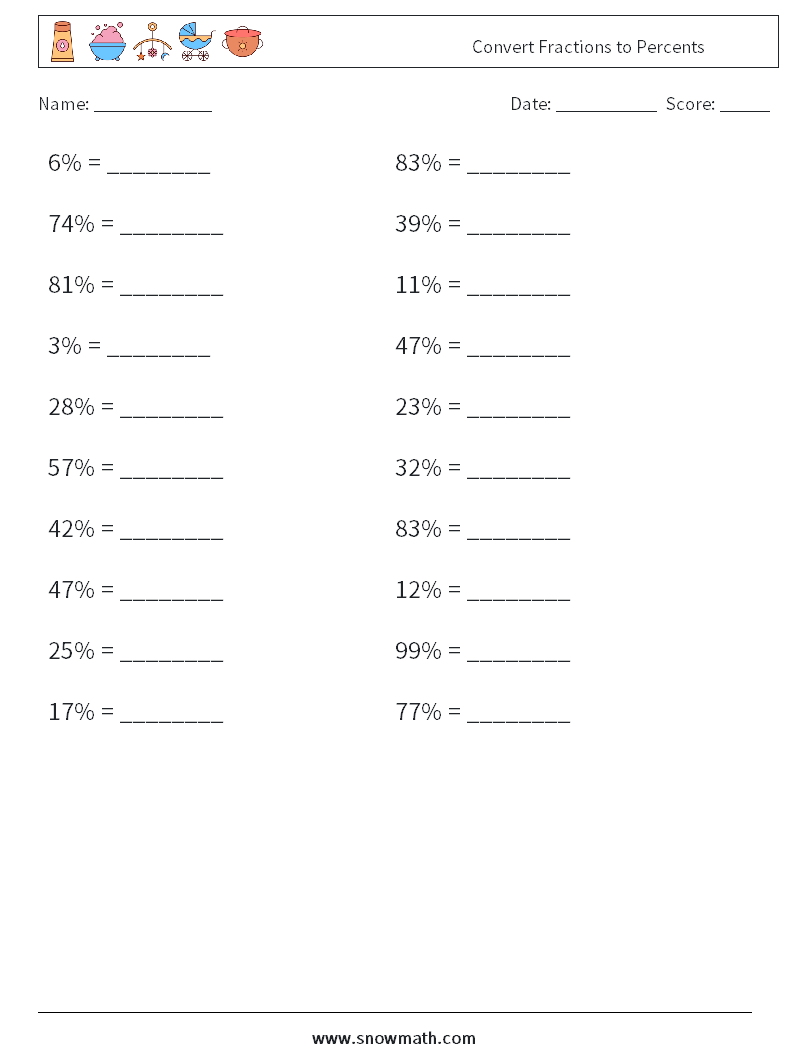 Convert Fractions to Percents Maths Worksheets 5